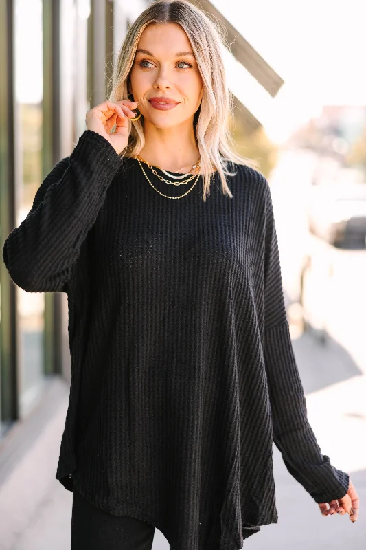 women's tops for those who want to add a bit of flair and personality to their looksMy Type Black Waffle Knit Tunic