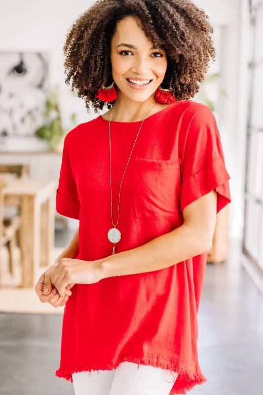 women's tops with sheer overlaysOne More Time Red Linen Top