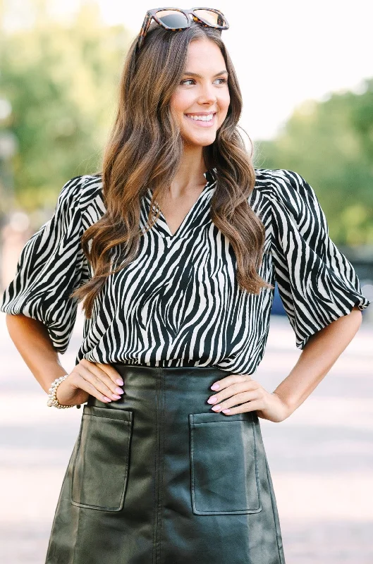 women's tops for those who love bold and vibrant colorsPlay Through Black Tiger Striped Blouse