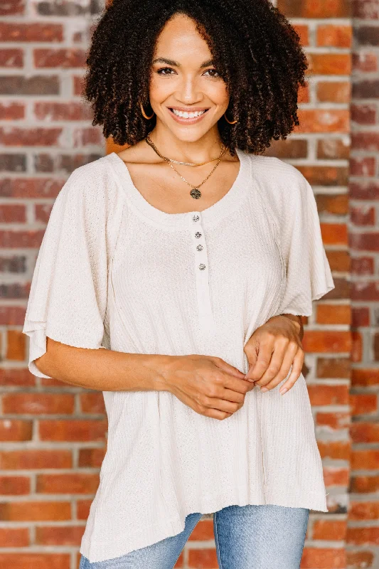 women's tops for cocktail partiesOn The Way Oatmeal White Waffle Top