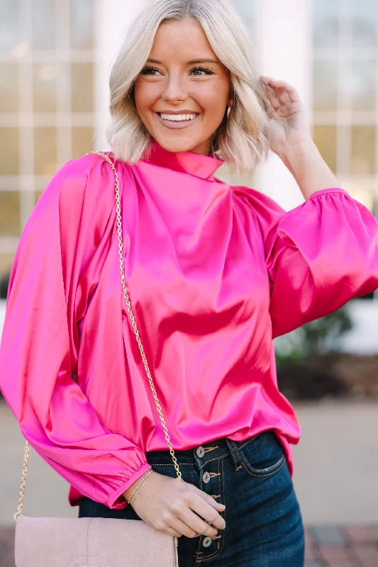 women's tops for layeringEmbrace The Joy Fuchsia Pink Satin Blouse