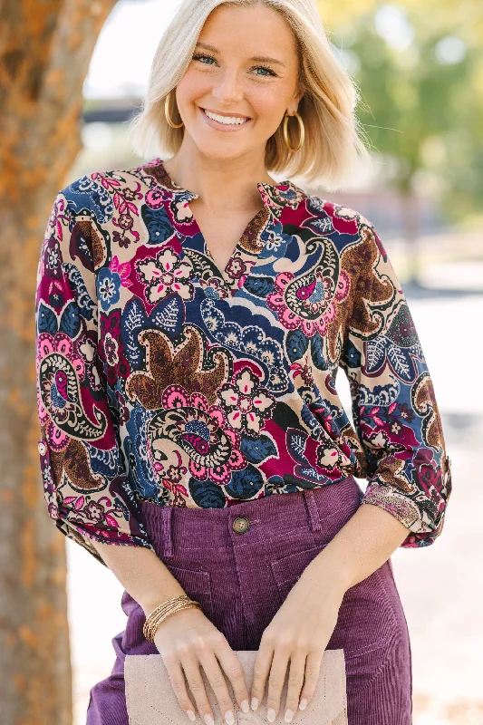 women's tops with cold-shoulder cuts and lace detailingBreak Through Wine Red Floral Blouse