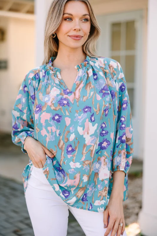 breathable women's tops for summerTake You With Me Teal Blue Floral Blouse