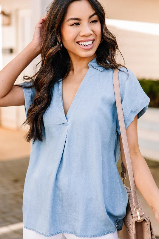 women's tops for those who want to stay updated with the latest fashion trendsStart The Day Blue Chambray Top