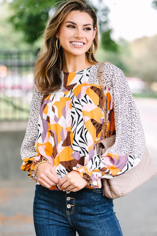 women's tops for vintage fashion enthusiastsFate: All You Can Do Taupe Brown Mixed Print Blouse