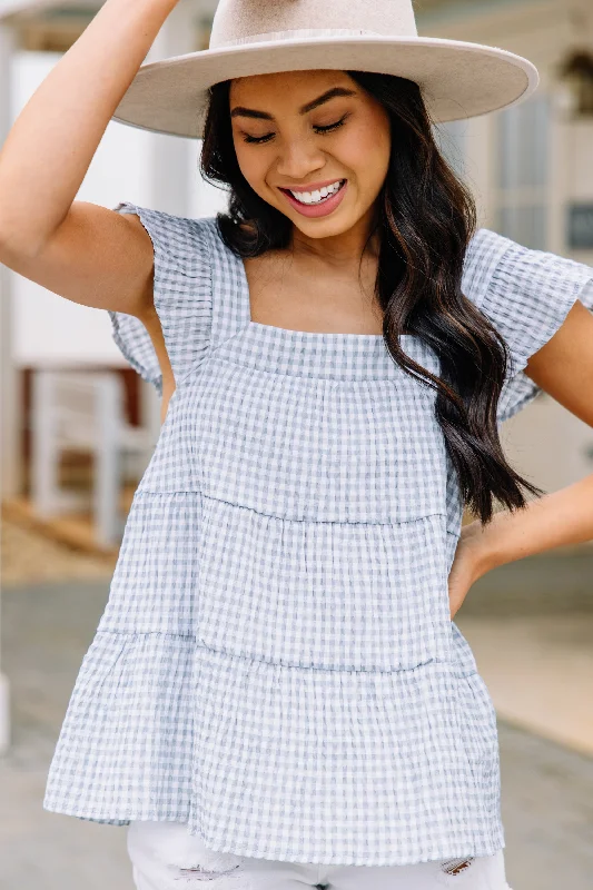 women's tops for cozy nights inBeen Waiting For You Light Blue Gingham Blouse