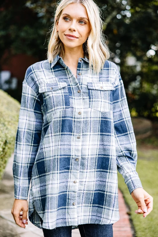 women's tops for statement-making outfitsSimple Solutions Navy Blue Plaid Button Down Top