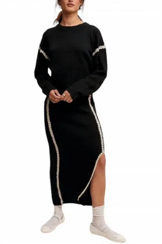 women's chic wrap skirtsContrast Stitch Knit Sweater And Long Skirt Set In Black