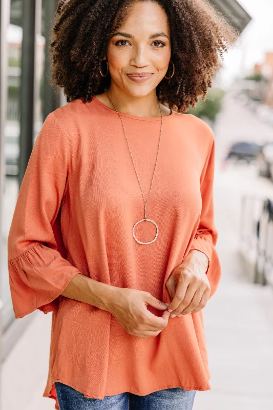 women's tops for those who want to wear pieces that are both comfortable and stylishPlay Your Cards Right Rust Orange Ruffled Top