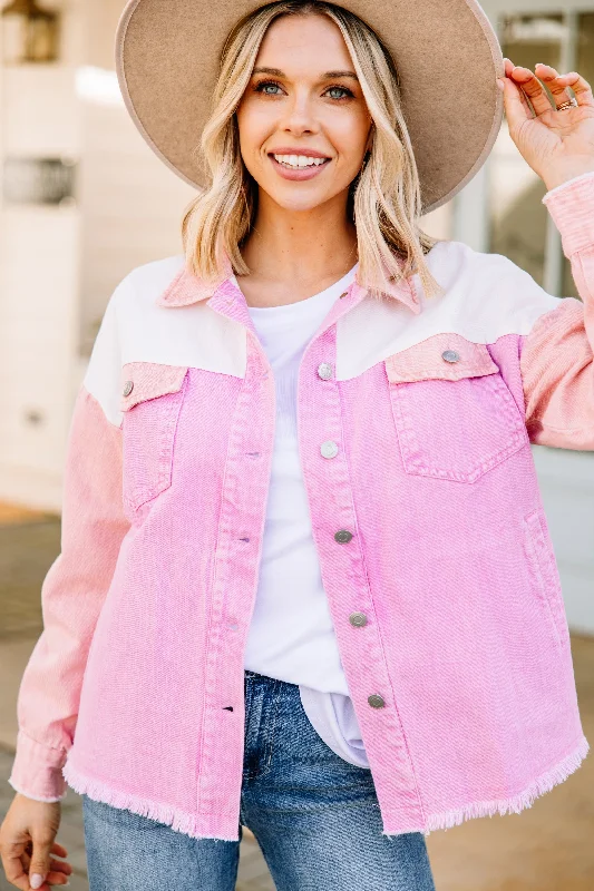 women's tops with flutter sleevesWith Ease Pink Colorblock Denim Jacket