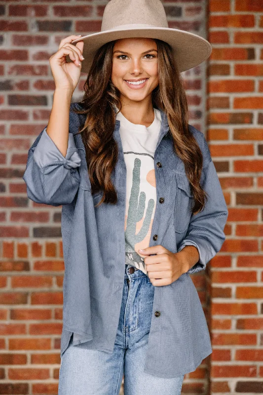 women's tops with spaghetti straps and deep V-necksJust Another Day Denim Blue Corduroy Shacket