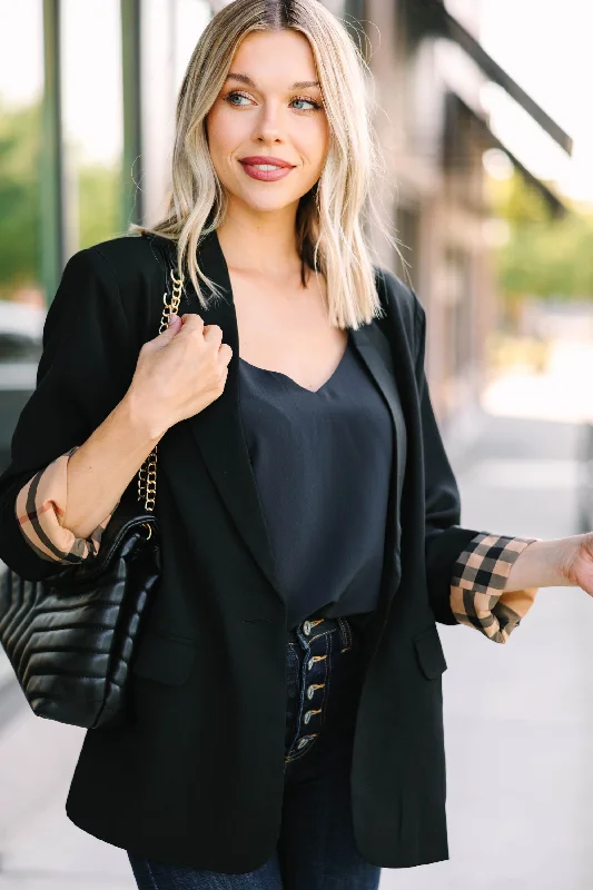 women's tops with geometric patternsIt's A Match Black Blazer