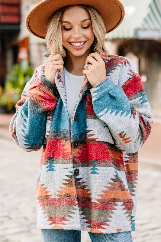 women's tops with built-in brasAt Your Best Teal Blue Aztec Shacket