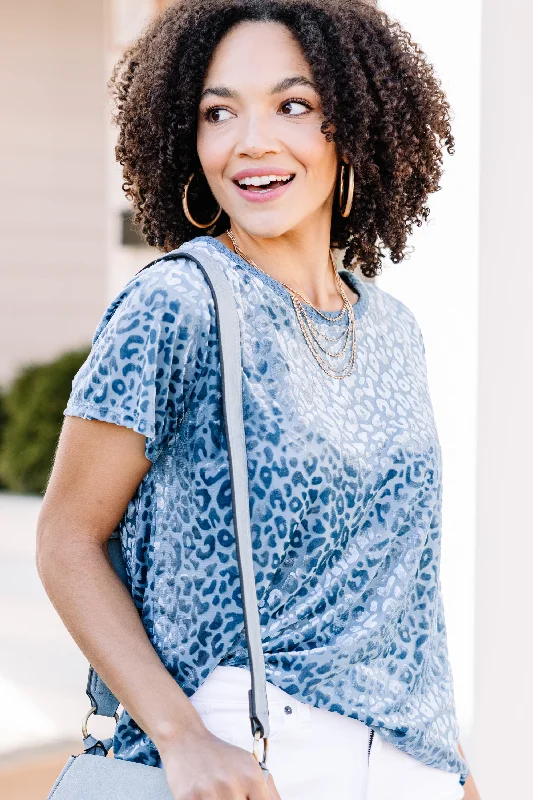 women's tops in solid colorsReady To Go Dusty Blue Leopard Top