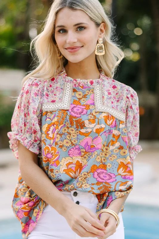 women's tops for picnics in the parkLet's Be Clear Dusty Sage Floral Short Sleeve Blouse