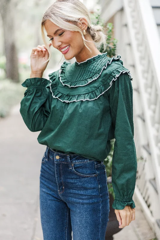 cropped women's topsAll For Fun Hunter Green Ruffled Blouse