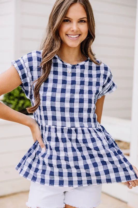 affordable women's topsOn Your Way Navy Blue Gingham Top