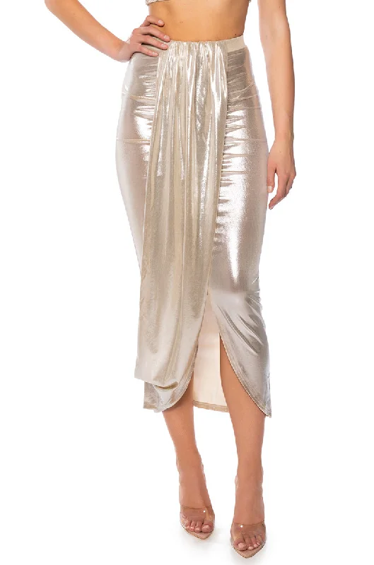 women's crochet maxi skirts for beach outingsCHIARA METALLIC DRAPED MIDI SKIRT