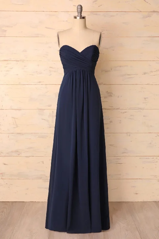 women's wrap dressesElegant Sweetheart Pleated Navy Blue Bridesmaid Dress