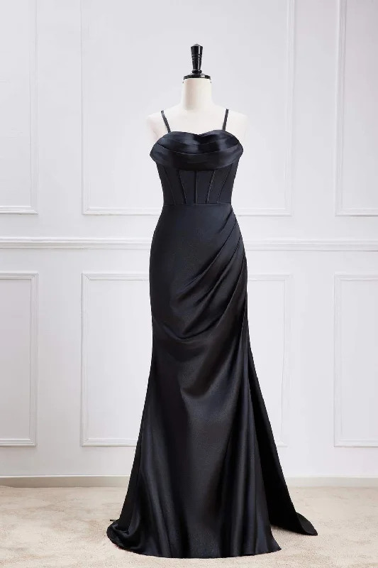 women's flowy dressesBlack Lace-Up Mermaid Satin Long Bridesmaid Dress with Slit