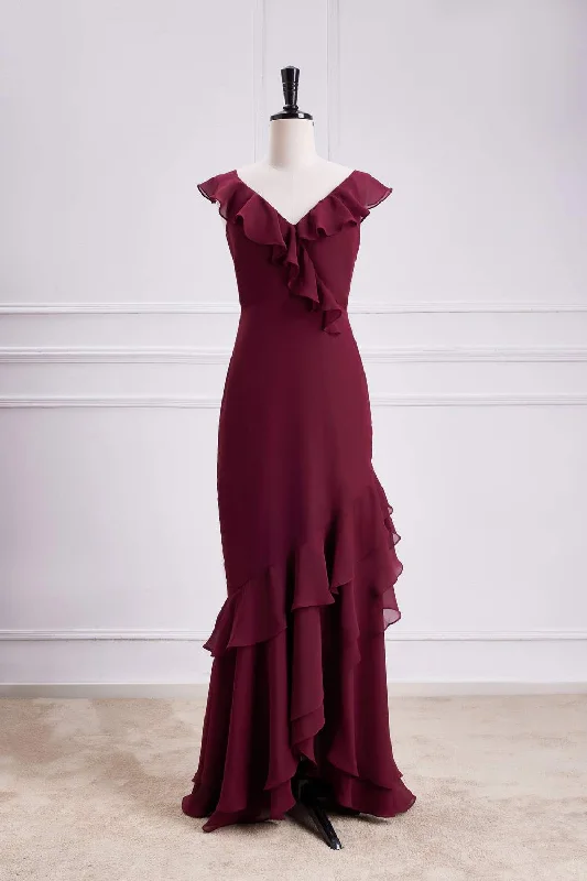 Sheath DressWine Red Ruffled Neck Mermaid Layers Long Bridesmaid Dress