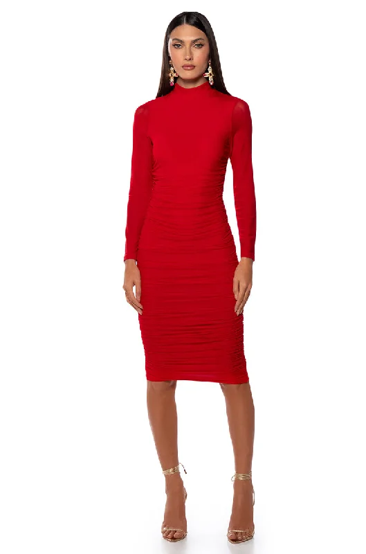 women's cold-shoulder dressesKEEP IT LOW KEY LONG SLEEVE MIDI RUCHED DRESS