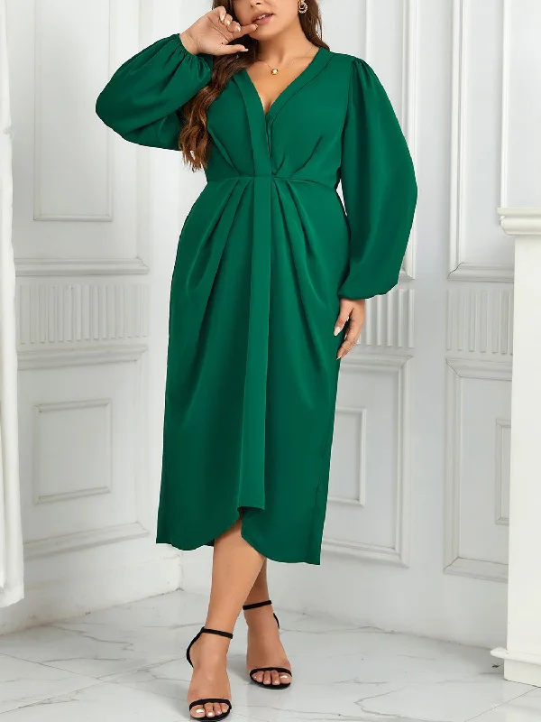 women's formal dressesV-Neck Balloon Sleeve Midi Dress