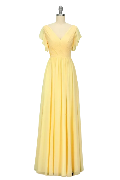 women's eco-friendly dressesElegant V Neck Pleated Yellow Bridesmaid Dress with Ruffles