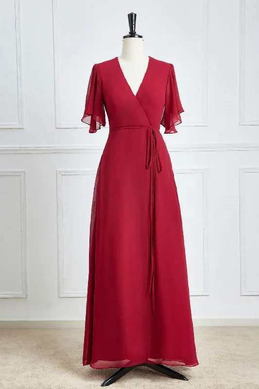 women's prom dressesWine Red Surplice Flaunt Sleeves A-line Long Bridesmaid Dress