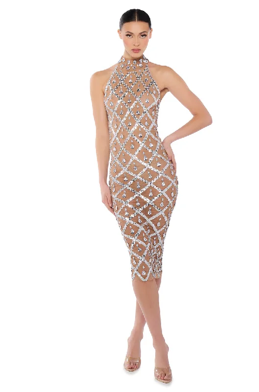 Minimalist DressDIAMONDS ARE FOREVER MESH MIDI DRESS IN BEIGE