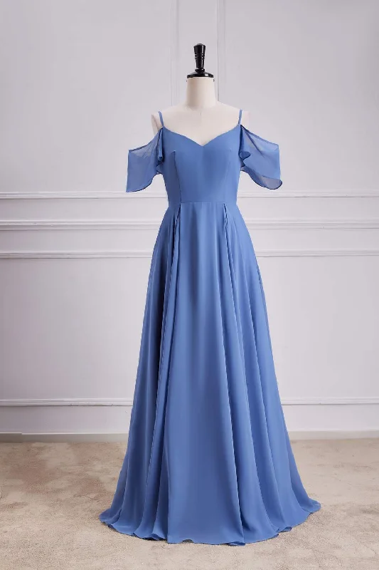 Tea-Length DressBlue Cold Shoulder A-line Chiffon Long Bridesmaid Dress