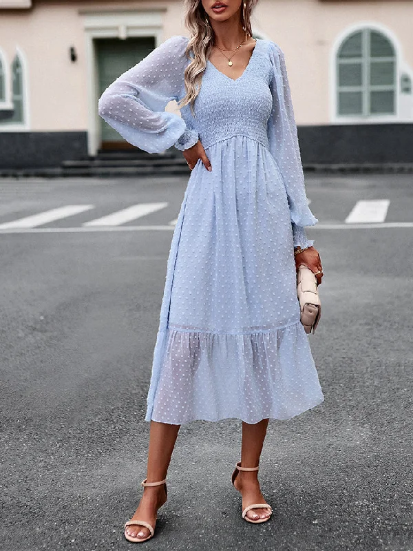 women's wedding guest dressesSwiss Dot V-Neck Flounce Sleeve Midi Dress