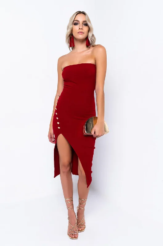 women's high-end dressesSHOOT FOR THE STARS CROSS FRONT STRAPLESS MIDI DRESS BURGUNDY