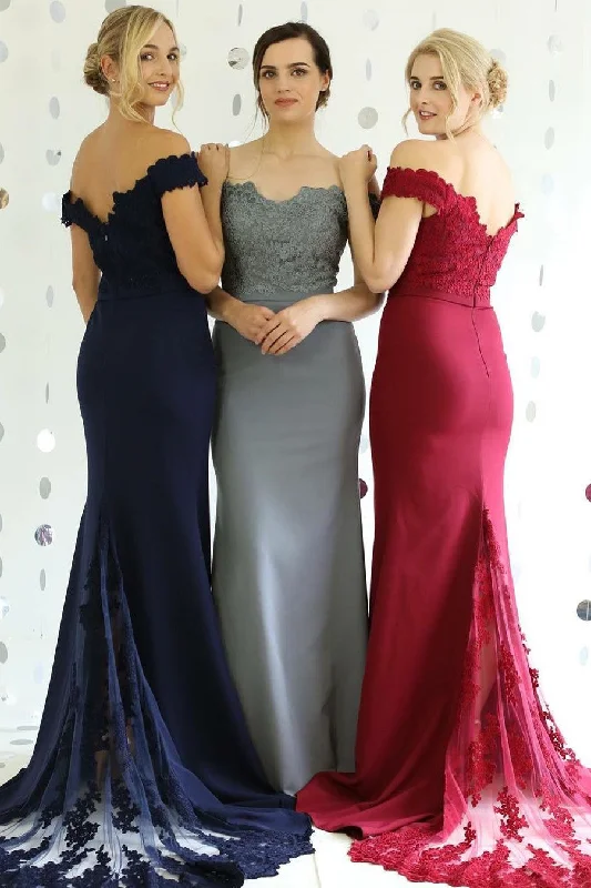 Metallic DressClassic Off Shoulder Mermaid Long Navy Blue Bridesmaid Dress