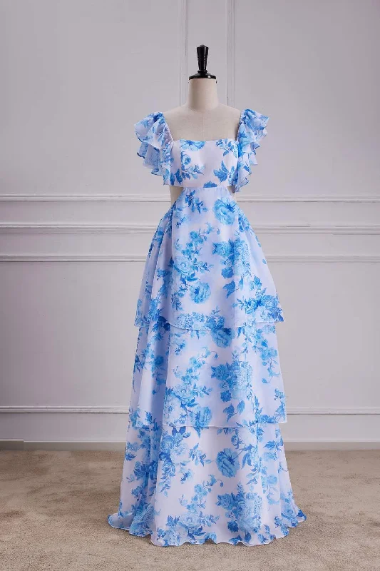 women's bespoke dressesBlue Floral Bow Tie Flutter Sleeves Layers A-line Long Bridesmaid Dress