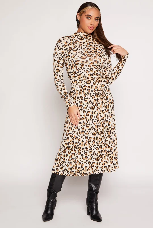 Nursing DressLeopard Print Tie Waist Belted Midi Dress