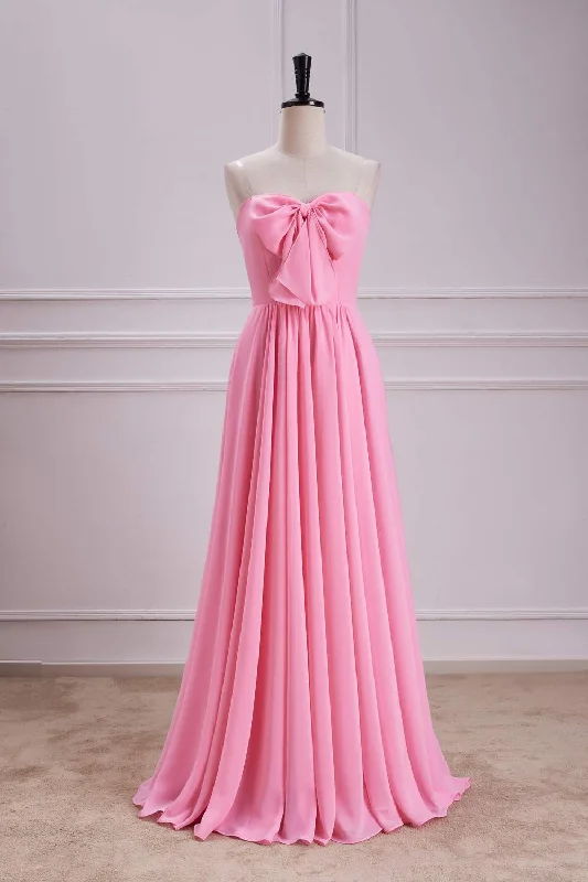 women's breathable dressesCandy Pink Strapless A-line Long Bridesmaid Dress with Bow