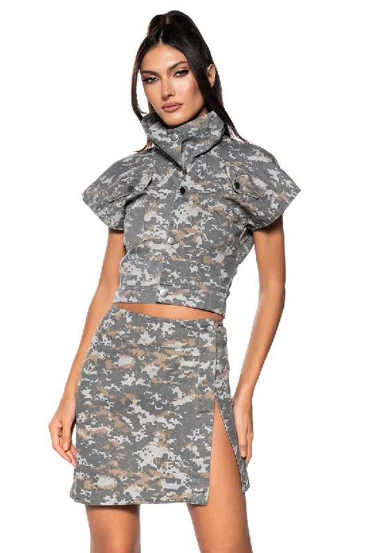 women's fair-trade dressesWE RIDE CAMO BUTTON DOWN AND MINI SKIRT SET IN GREY