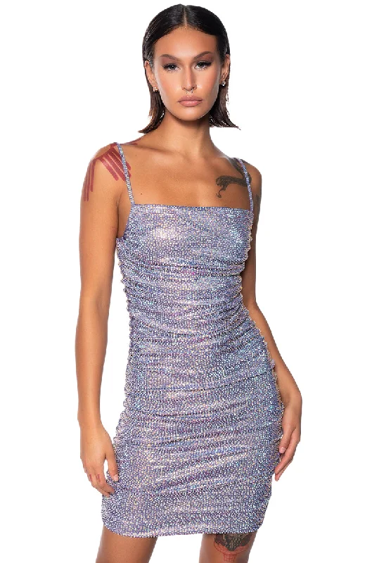 Laced-Up DressBETTER THAN EVER RUCHED RHINESTONE MINI DRESS