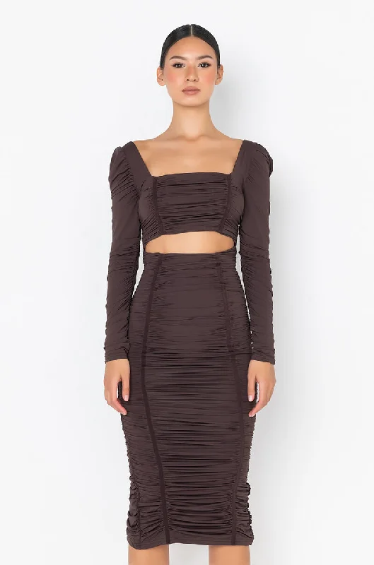 Metallic DressGOT THEM WONDERIN' LONG SLEEVE MIDI RUCHED DRESS