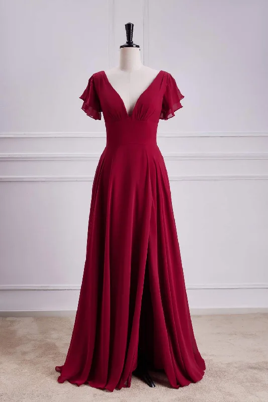 Bridesmaid DressWine Red Flaunt Sleeves V Neck A-line Long Bridesmaid Dress with Slit