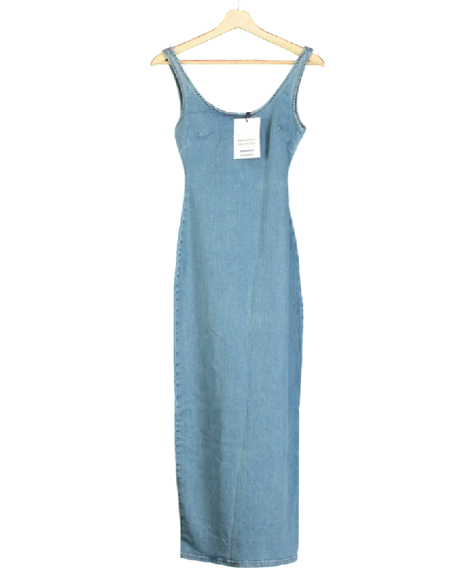 women's vintage dressesPull&Bear Stretch Denim Maxi Dress With Split Detail In Medium Blue UK S