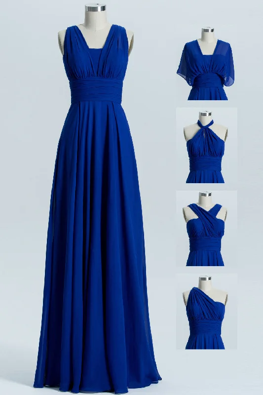 women's cold-shoulder dressesRoyal Blue A-line Chiffon Long Convertible Bridesmaid Dress