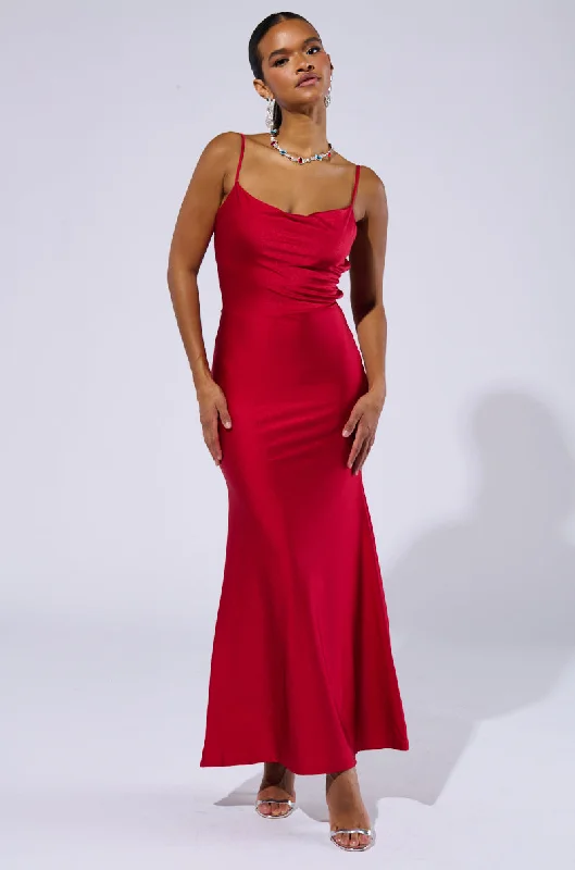 women's solid color dressesLADY IN RED COWL NECK MIDI DRESS