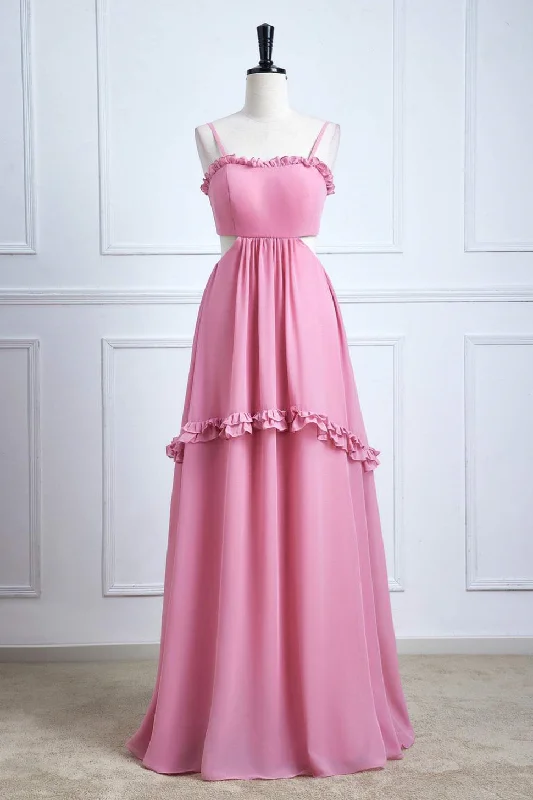 women's high-low dressesPink Bow Tie Back Spaghetti Straps Ruffled A-line Bridesmaid Dress