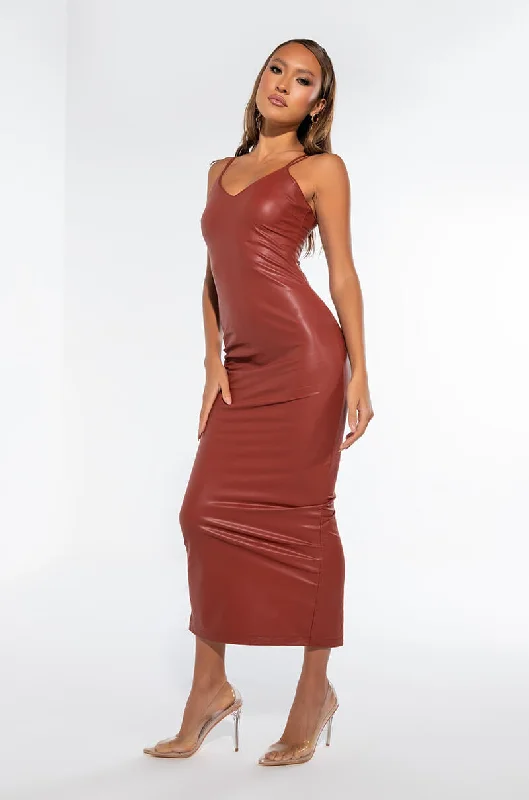 Casual Chic DressPREMIUM STRETCH VEGAN LEATHER MIDI DRESS rust