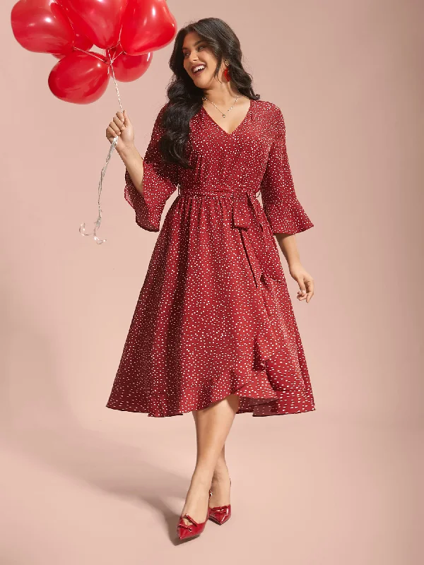 women's body-skimming dressesPolka Dots Waist-Tie Ruffled Midi Dress