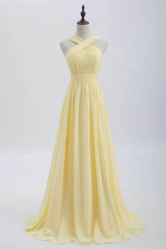 women's ruffle dressesCross Front Yellow Pleated Chiffon Long Bridesmaid Dress