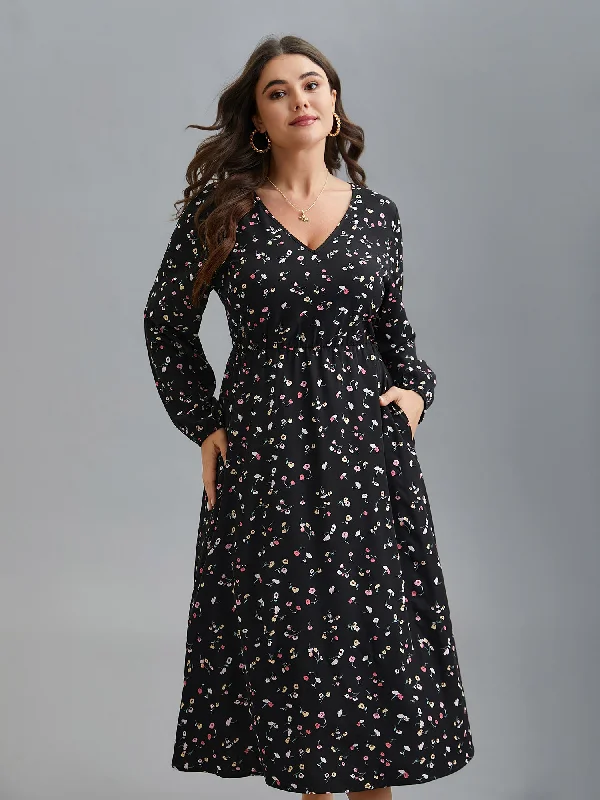 women's stretch dressesFloral Print V-Neck Waist-Defined Midi Dress