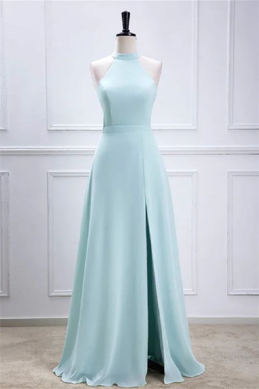 Cut-Out DressBlue Halter A-line Chiffon Long Bridesmaid Dress with Slit